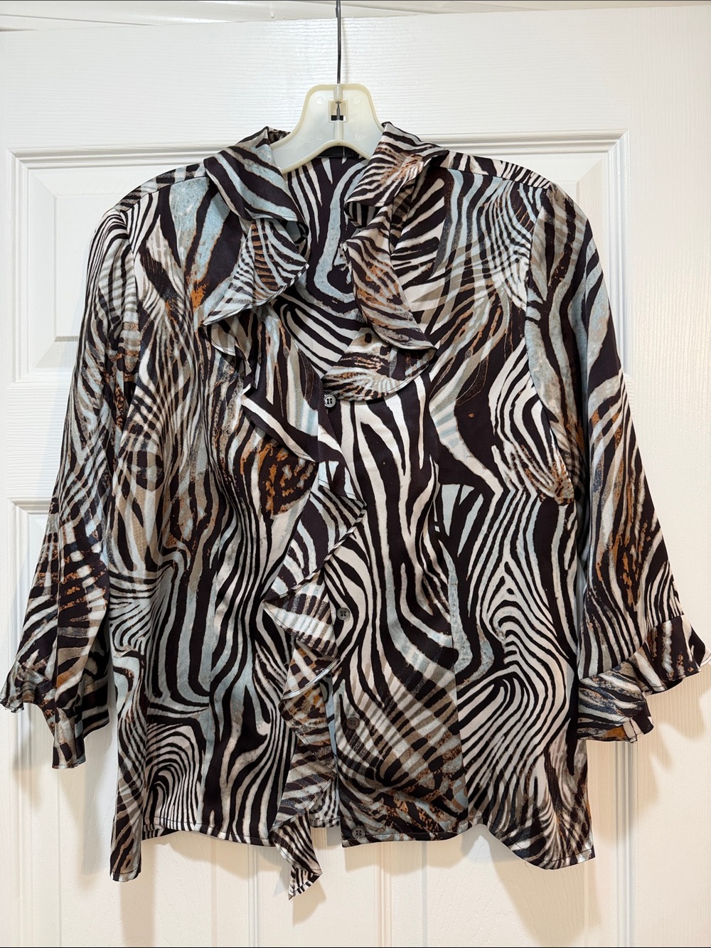Doncaster Black, White and Brown Zebra-Print Ruffle Blouse